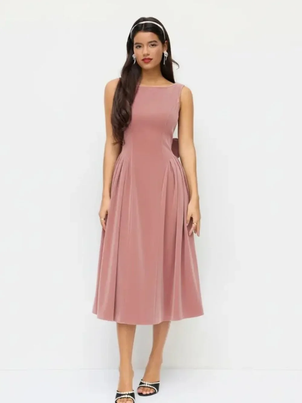 NWT Cider Boat Neck Velvet Bowknot Backless Midi Dress - Picture 1 of 6
